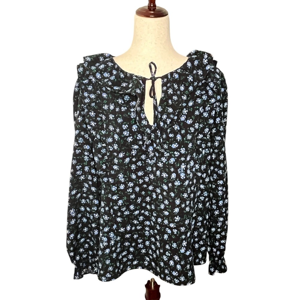 LOFT XL Dark Floral Ruffle Top Tie Neck Long Sleeve Peasant Blouse Cottagecore